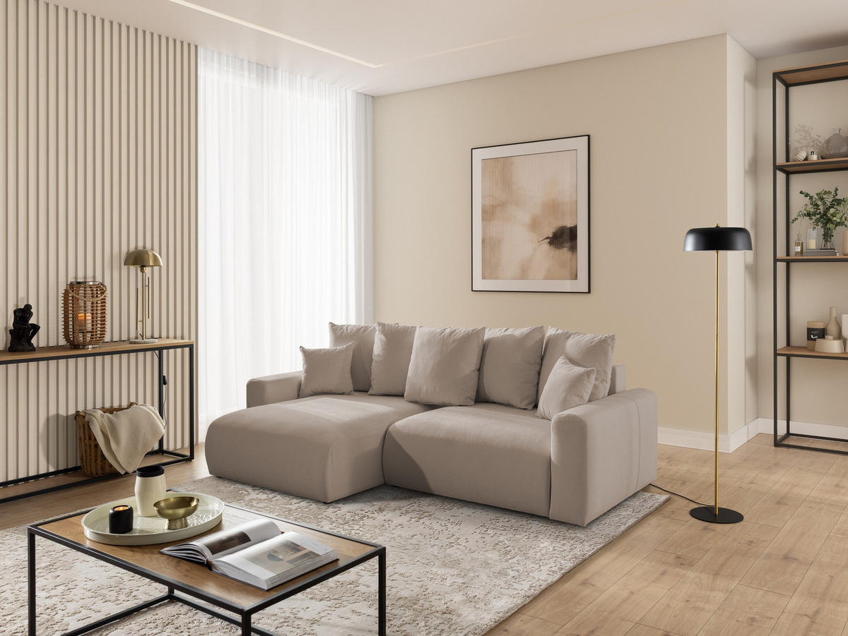 ECKSOFA Calma mit Schlaffunktion und Bettkasten im Bumpy-Design aus weichem Greige Webstoff - Ottomane links - Greige/Schwarz, Holz/Kunststoff (239/140cm) - S-Style
