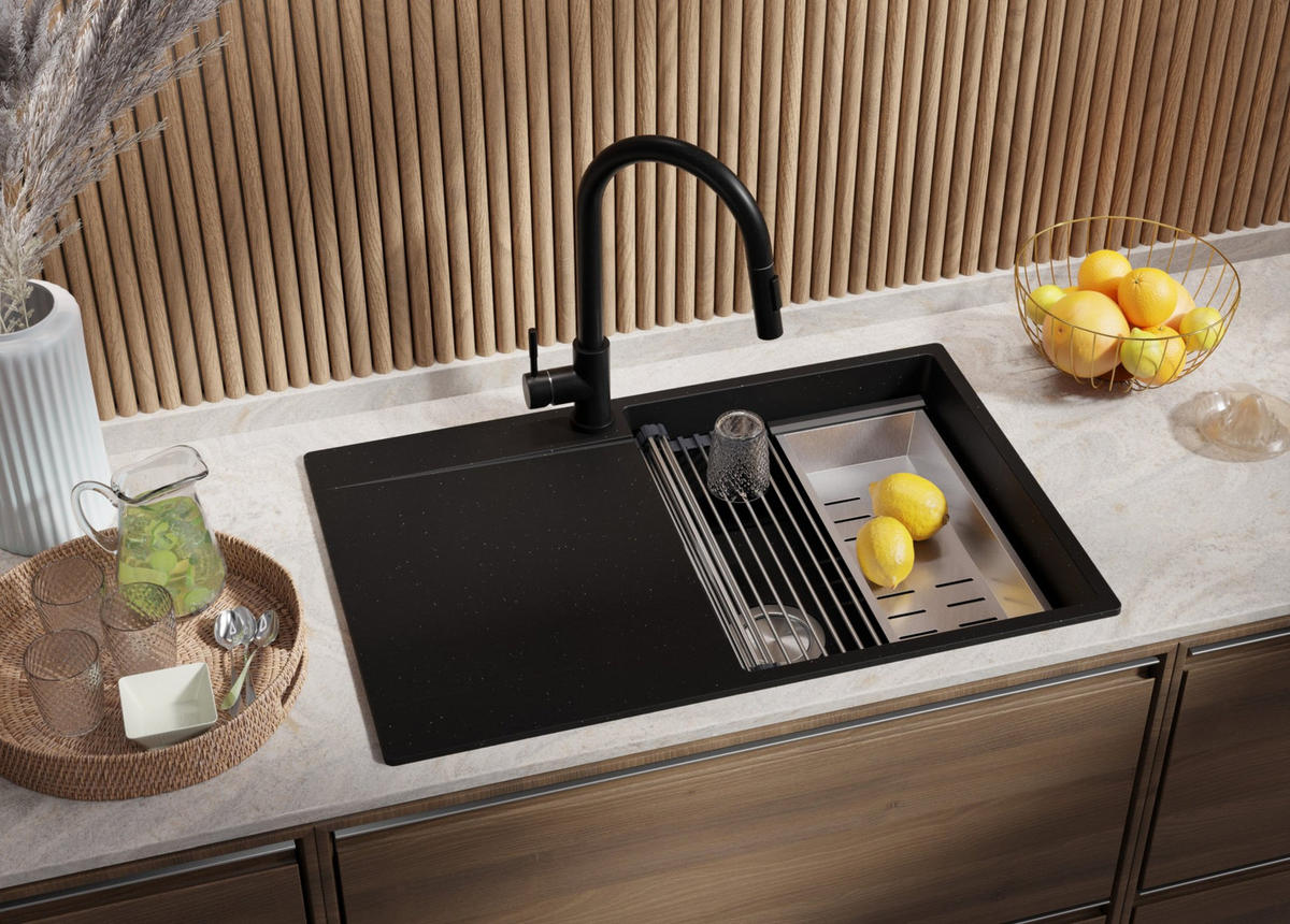 SPÜLBECKEN San Francisco, 2-er set Schwarz Metallic 78/50 cm 1 Becken + Ablauf-Set + Aufrollbare Abtropffläche ab 50er Unterschrank - Chromfarben/Schwarz Hochglanz, Kunststoff (78/20/50cm) - Primagran