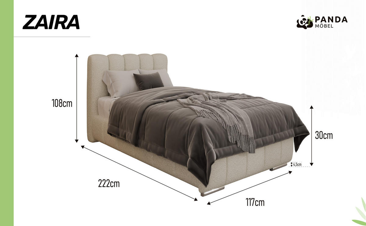 POLSTERBETT Zaira 90x200cm – Elegantes Polsterbett für modernen Wohnstil , Federkernmatratze Bonnel (18cm), creme - Creme, Holz - Panda Möbel