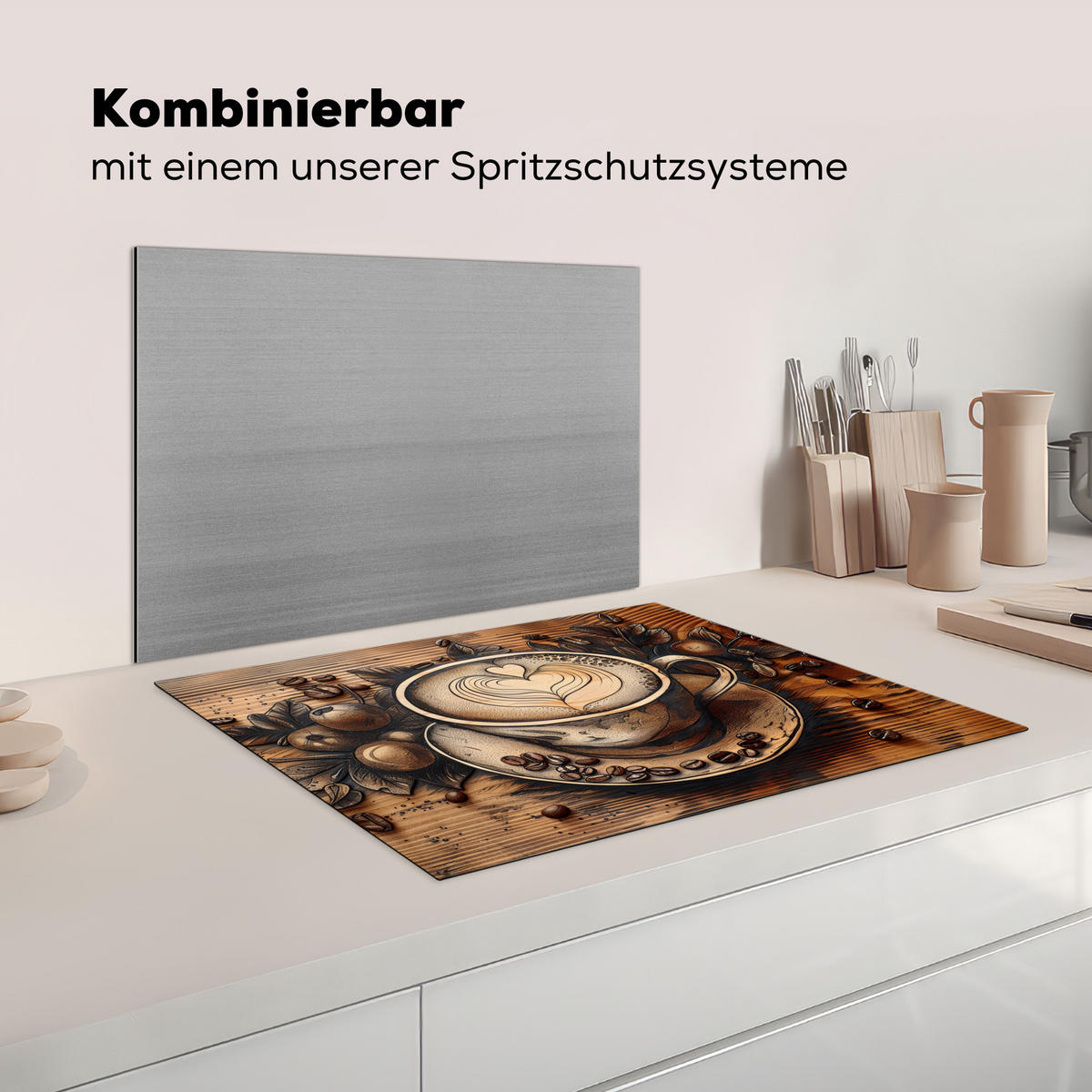 HERDABDECKPLATTE Kaffee - Vintage - Braun - Tasse - Holz Herdabdeckung Induktionsfeld 70x52 cm - Cappuccino, Kunststoff (70/52/0.2cm) - MuchoWow