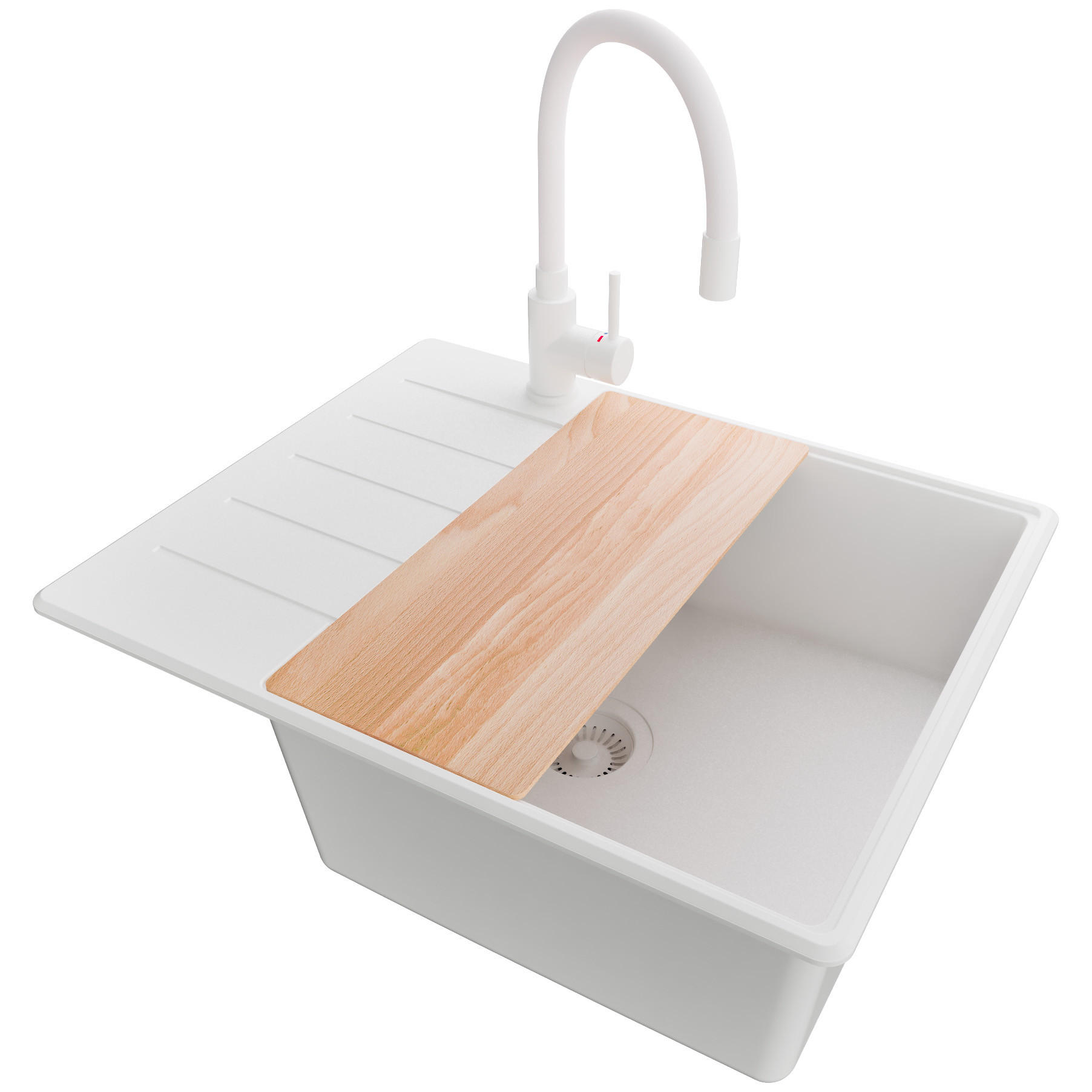 GRANITSPÜLE Kopenhagen, 2-er set Alles Weiß 62/50 cm 1 Becken + Küchenarmatur 38/14 cm + Ablauf-Set + Schneidebrett ab 50er Unterschrank - Beige/Weiß, Kunststoff (62/20/50cm) - Primagran