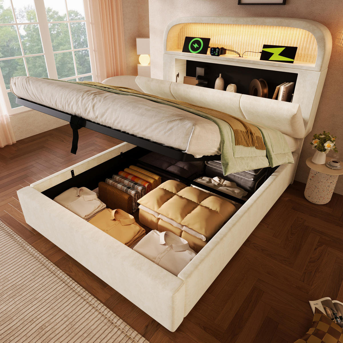 POLSTERBETT 90/200 cm Beige mit Matratze, LED-Beleuchtung und Stauraum - Beige, Textil (90/200cm) - Flora Grace