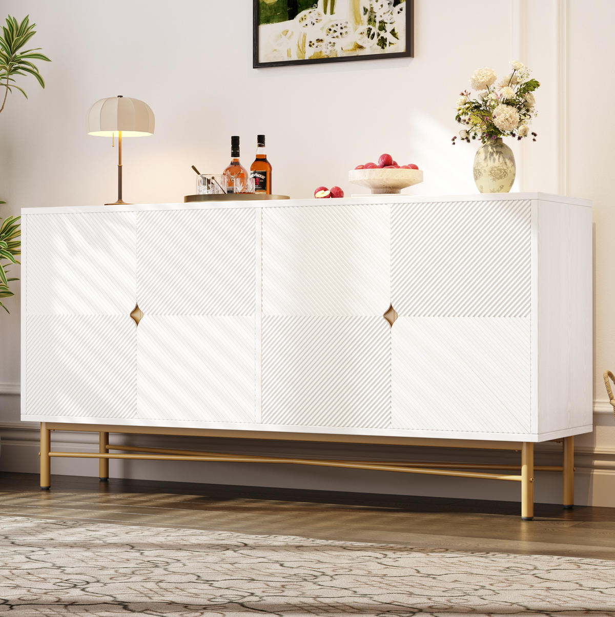 SIDEBOARD 160/40/82 cm mit 4 Türen in Weiß mit Strukturfronten & goldfarbenen Details - Weiß, Holzwerkstoff (160/82/40cm) - BEAOK
