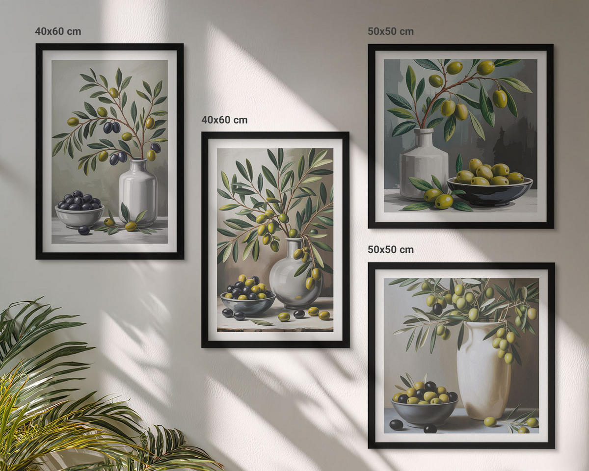 BILDER SET 4er Set - 50x50 cm & 40x60 cm Schwarzer Rahmen - Oliven in Keramikgrau - Schwarz, Kunststoff (50/50cm) - TULUP