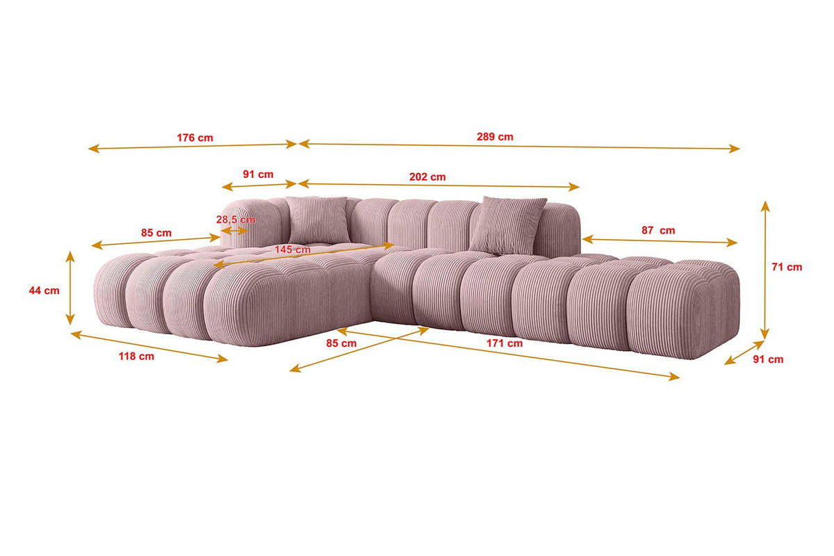 ECKSOFA Ottomane Rechts OLEA-L2 - 289x176x71 cm Rosa Cord - Schwarz/Rosa, Holzwerkstoff/Kunststoff (289/176cm) - ALTDECOR