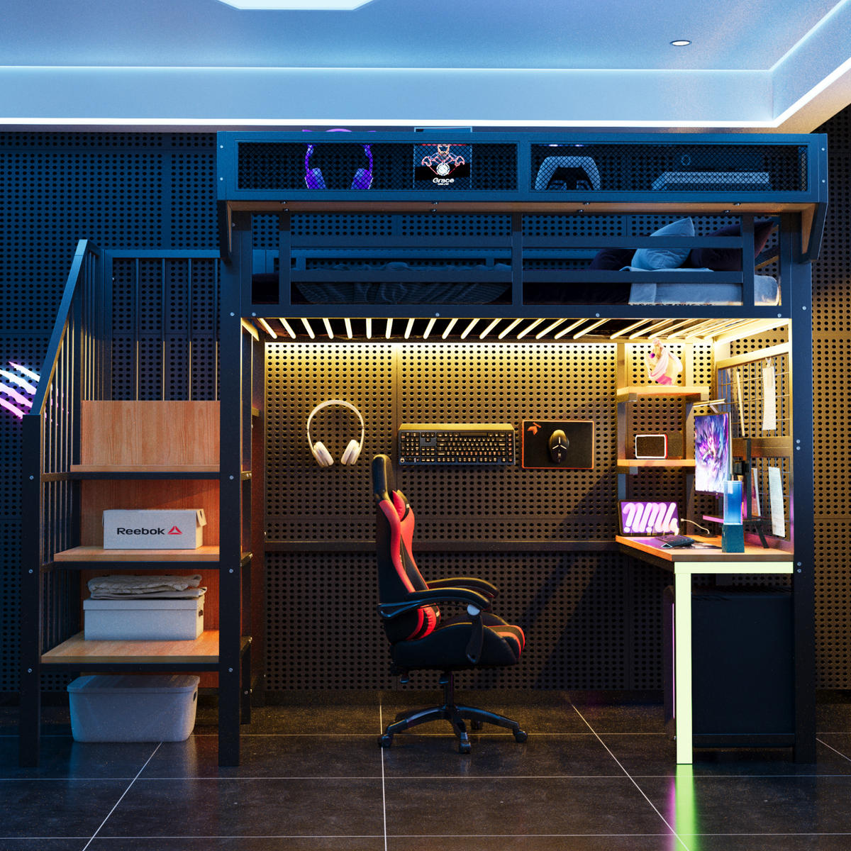 HOCHBETT 90/200 cm DE-01537, in Schwarz, mit Schreibtisch, LED-Beleuchtung und Steckdose - Schwarz, Metall (90/200cm) - ComfortXL