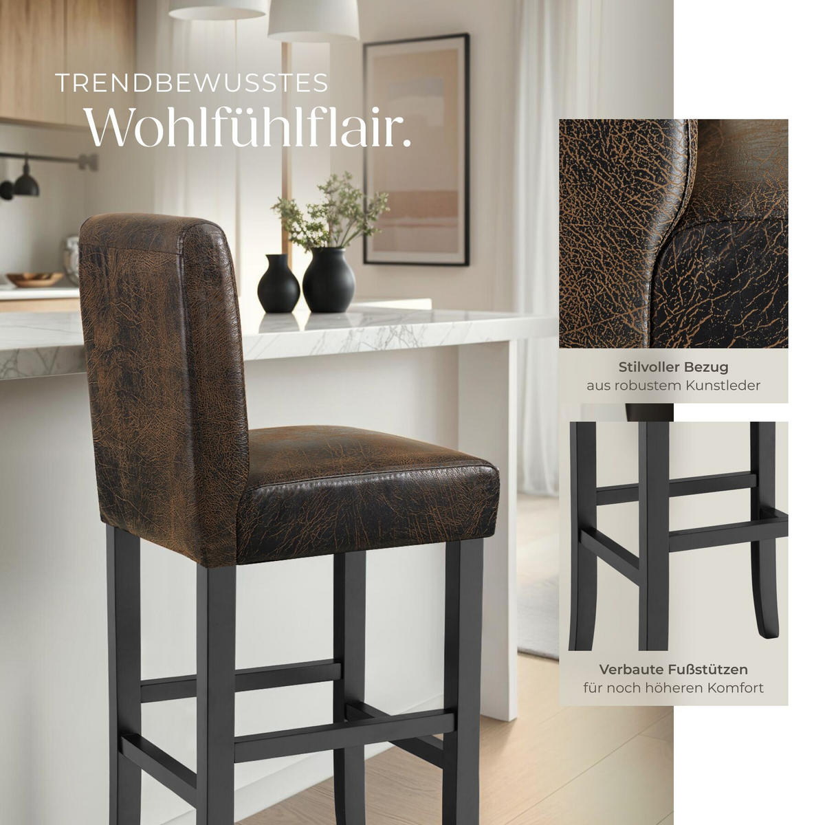 BARHOCKER 6er Set Kunstleder, Sitzhöhe 76 cm, antikbraun - Anthrazit/Braun, Leder/Holz (40/107/41cm) - tectake