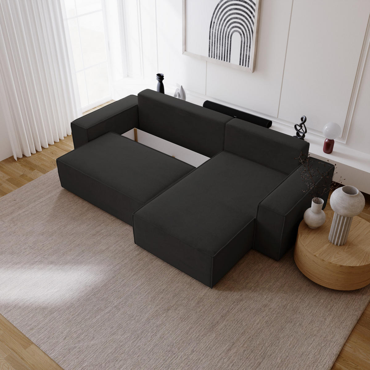 ECKSOFA mit Schlaffunktion Bergamo L 280 cm, Samt, Rechts - Schwarz - Schwarz, Holz (189/277cm) - Emporius