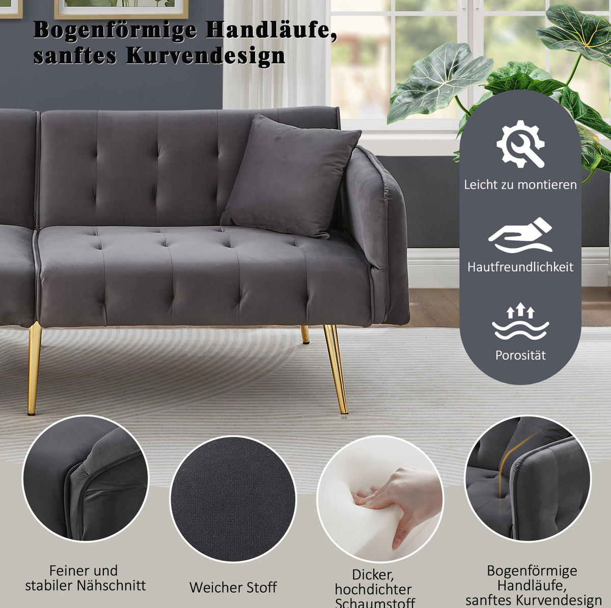 SOFABETT Zweisitzer Samt 2-in-1 mit verstellbarer Rückenlehne Antikgrau 178/82/70 cm - Grau, Textil (82/70/178cm) - Redom