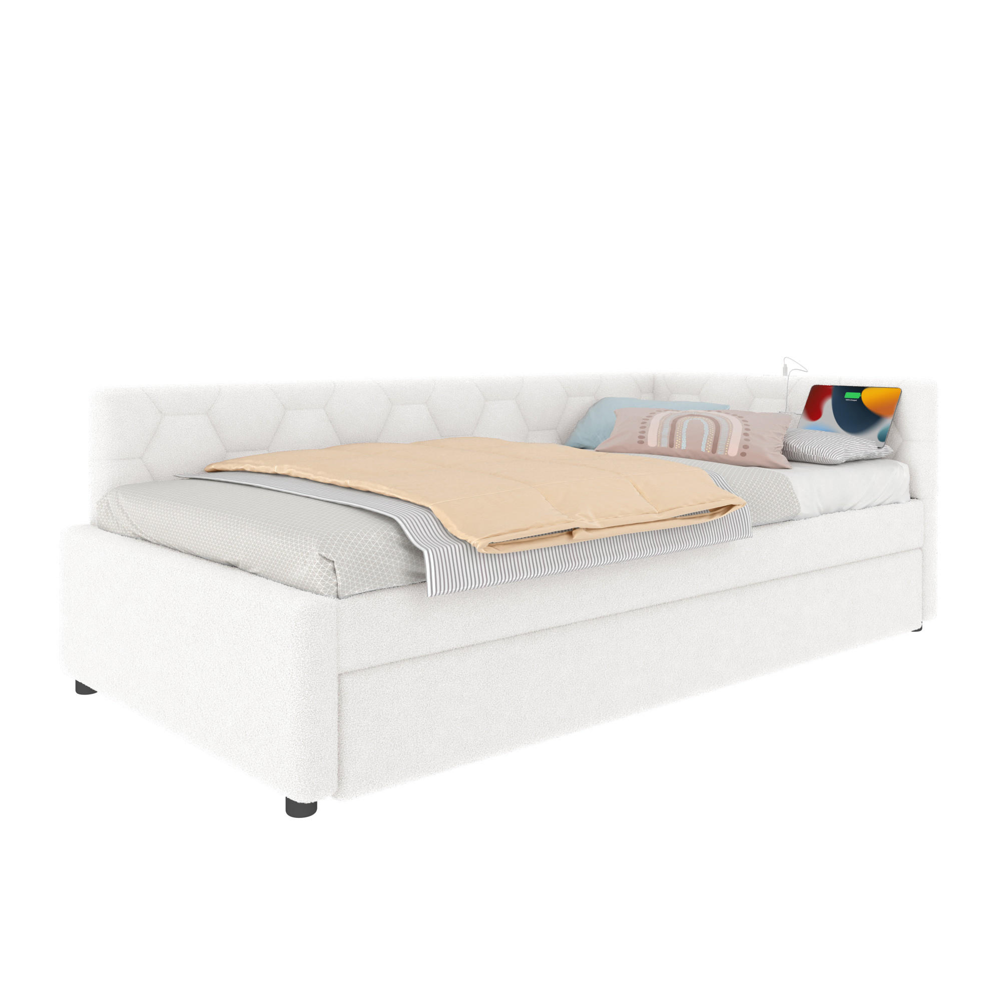 TAGESBETT 90/200 cm mit Ausziehbett, USB- und Typ-C-Anschluss, Nachttischlampe und Lattenrost, Vliesimitat, Weiß - Weiß, Textil (90/200cm) - Redom