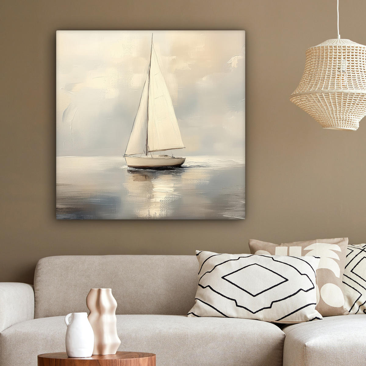 LEINWANDBILD Segelschiff - Meer - Bewölkt 90x90 cm - Creme, Textil (90/90cm) - MuchoWow