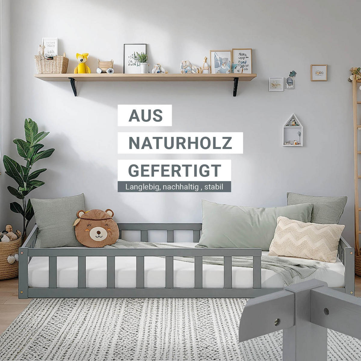 BODENBETT Grau 90x200 cm mit Lattenrost Kind - Grau, Holz (90/200cm) - Homestyle4u