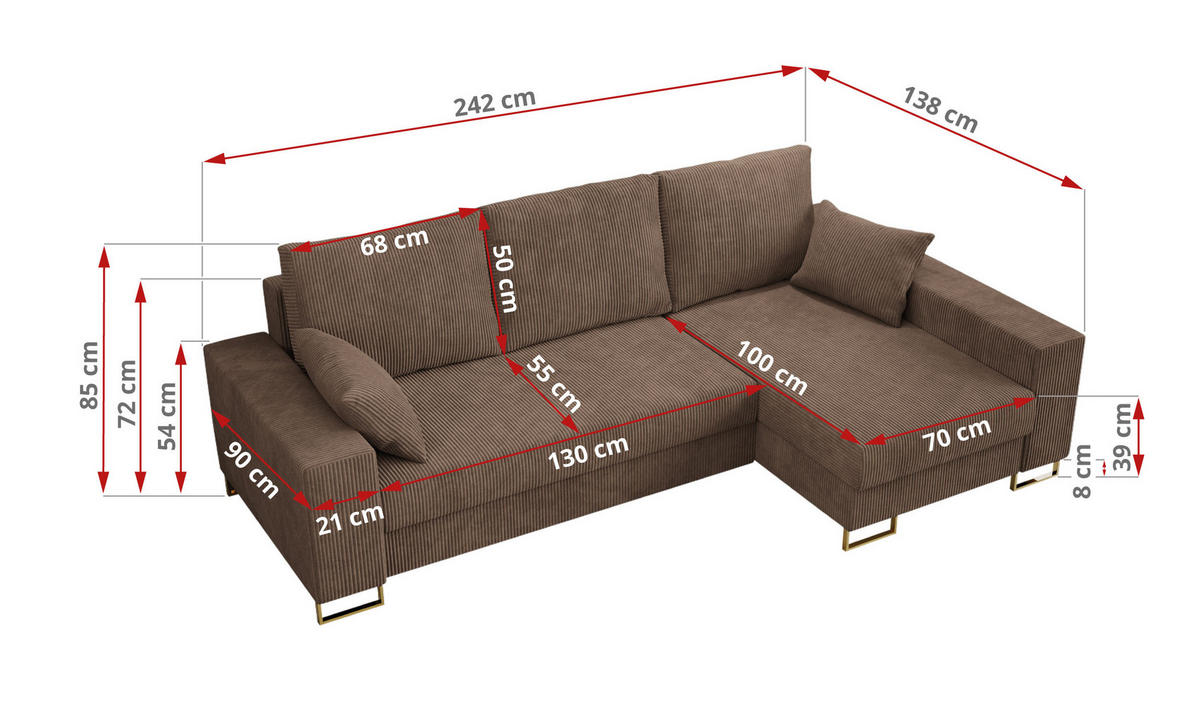 ECKSOFA Dorian Cord Hellbraun - Hellbraun/Goldfarben, Textil/Metall (242/138cm) - MKS