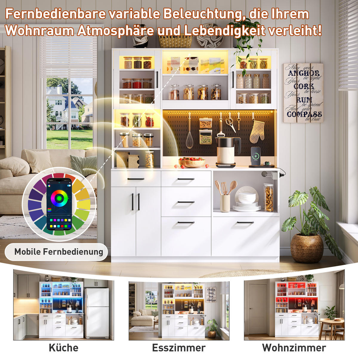 BUFFET DE-38693 105/40/185 cm LED-Beleuchtung und 5 Schubladen Weiß - Weiß, Holzwerkstoff (145/185/40cm) - ComfortXL