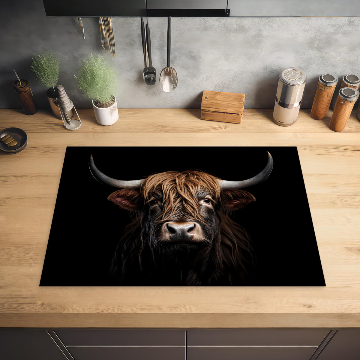 HERABDECKPLATTE - Schottischer Highlander - Porträt - Schwarz - Tier - 75x55 - Braun, Kunststoff (75/55/0.2cm) - MuchoWow