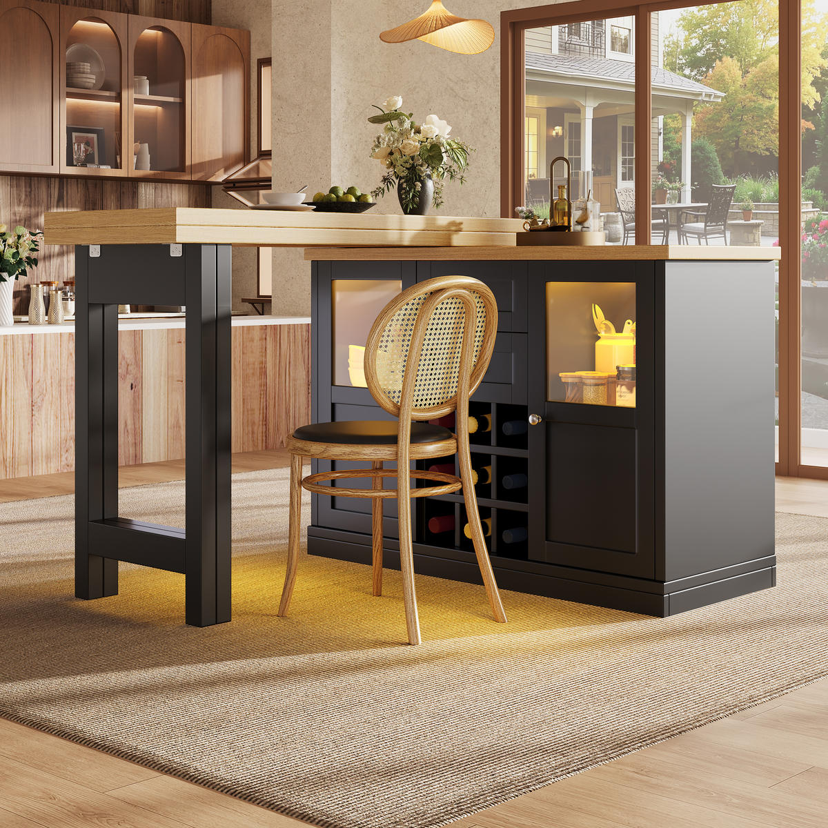 ESSTISCH Ausziehbar 120–197cm 360° LED Stauraum Weinregal - Schwarz, Holzwerkstoff (40/120/72cm) - FLIEKS