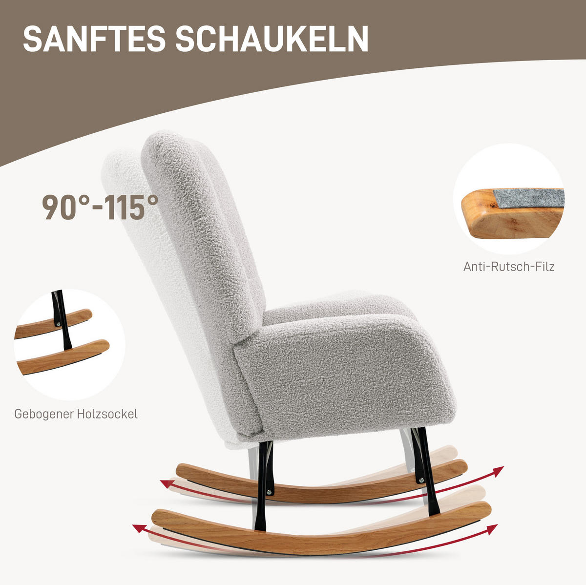 SCHAUKELSTUHL 70/94/100 cm mit Polsterung und hoher Rückenlehne, bis 120 kg - Hellgrau, Textil (70/100/94cm) - BEAOK