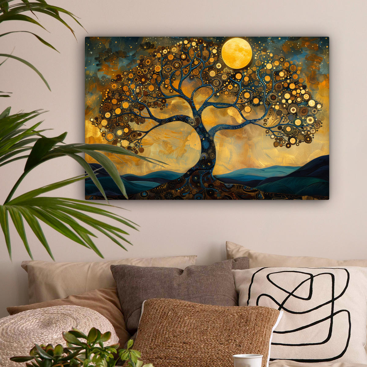 LEINWANDBILD Baum - Mond - Blumen - Gold - Kunst Wanddeko 90x60 cm - Orange, Textil (90/60cm) - MuchoWow