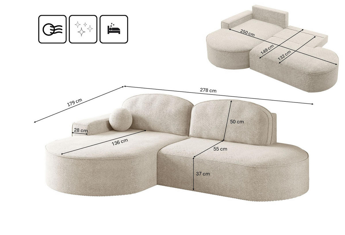 ECKSOFA mit Schlaffunktion und Bettkasten Modena Runden stoff Arena Ecru Links - Ecru, Holz (179/278cm) - Kaiser Möbel