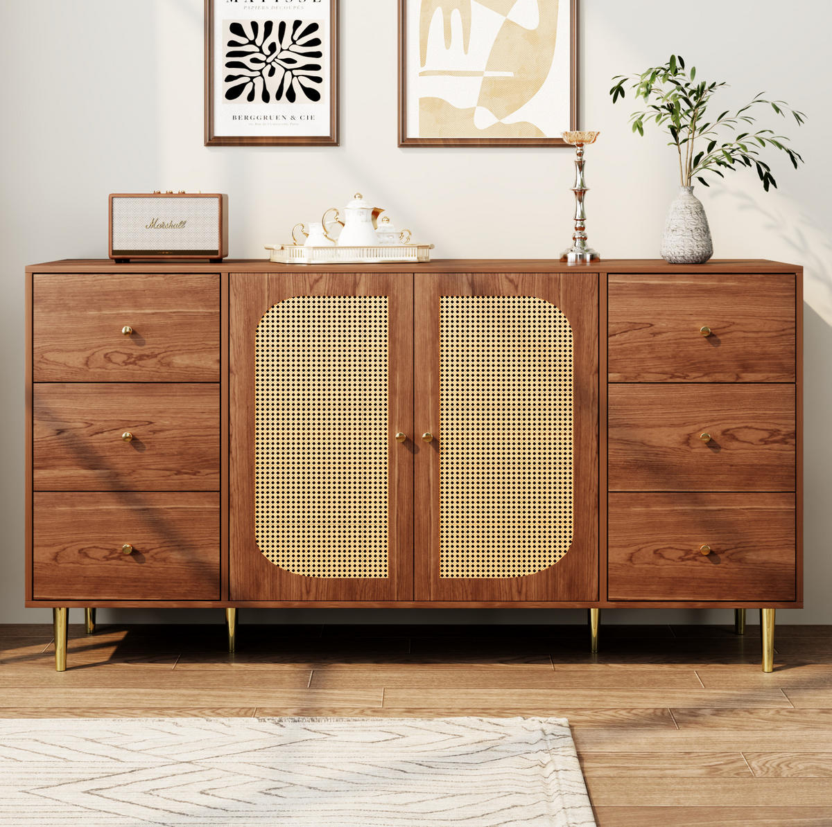 SIDEBOARD 160/40/90 cm in Holzoptik mit Rattantüren und 6 Schubladen - Eichefarben, Holzwerkstoff (160/90/40cm) - Flora Grace