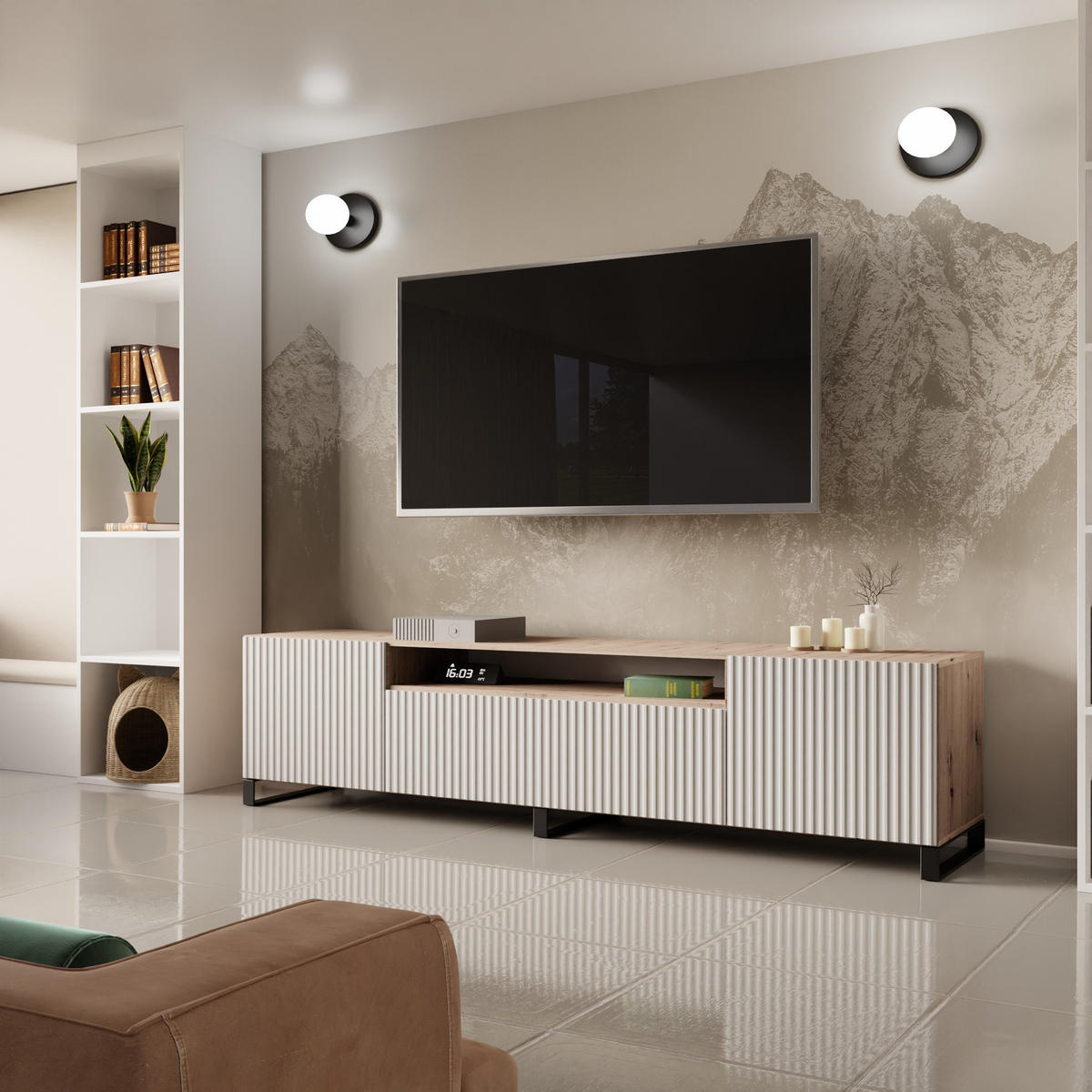 STOJACÍ TV STOLEK VAREN, 200/41/40 cm, dub Artisan - bílá/dub artisan, kompozitní dřevo (200/41/40cm) - MASSENO