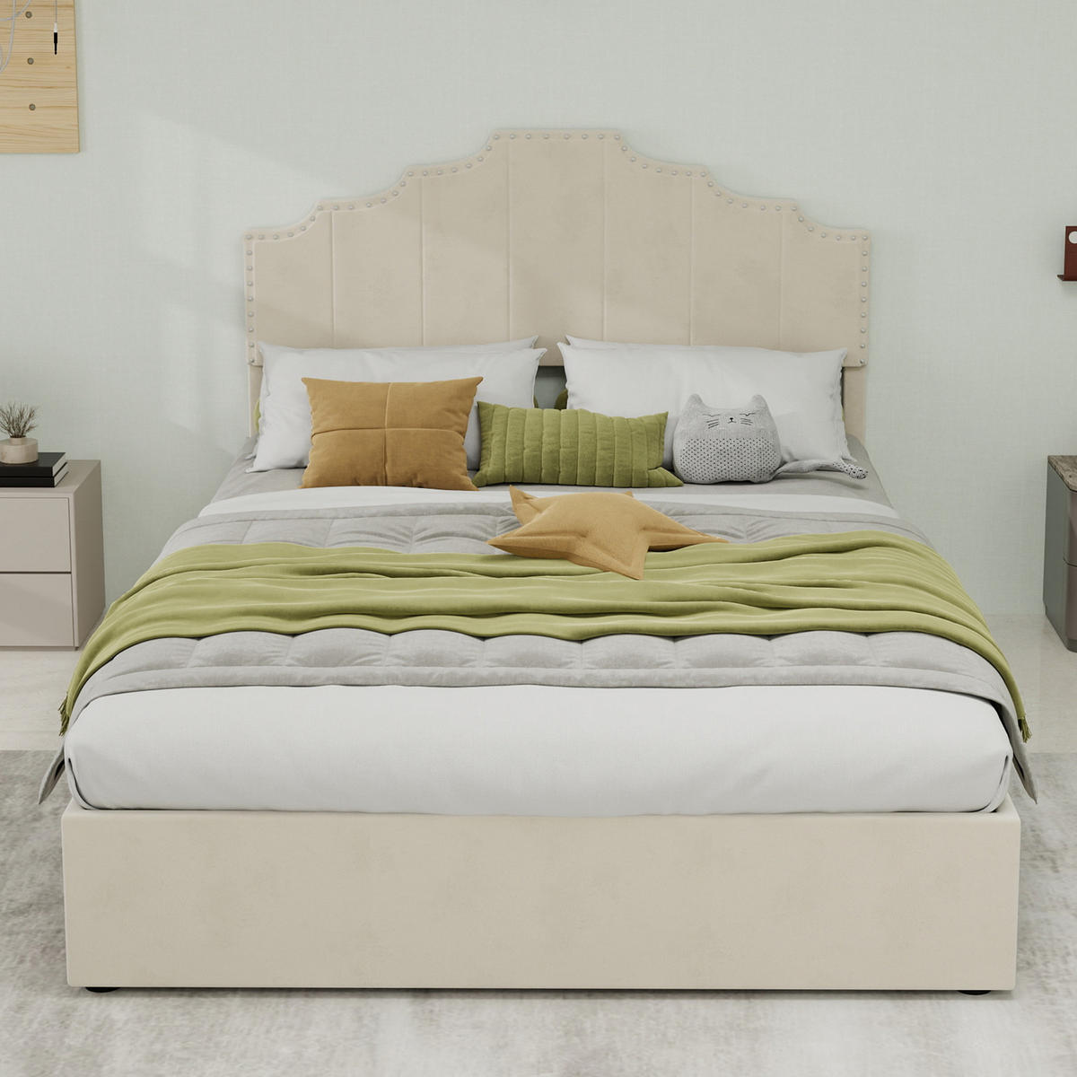 POLSTERBETT 140/200 cm in Beige Stoff mit Geometrischem Kopfteil - Beige, Holzwerkstoff/Textil (140/200cm) - WISHDOR