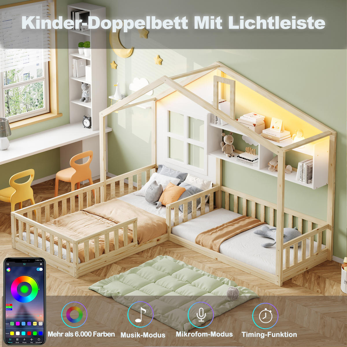 HAUSBETT 90/200 cm & 140/70 cm in Weiß & Natur mit Regal, LED und Sicherheitsgitter Kinderbett im Haus-Design - Naturfarben, Holzwerkstoff (90/200cm) - STILVORA