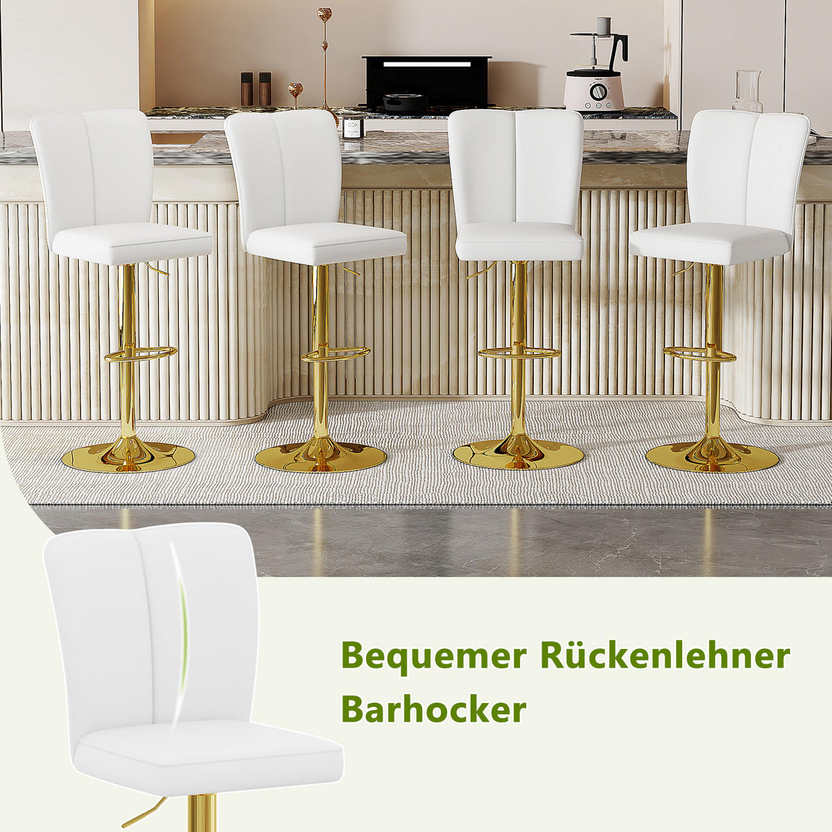 BARHOCKER 2er-Set Weiß-Gold Höhenverstellbar Drehbar 360° mit Rückenlehne und PU-Leder - Weiß, Metall (44.5/95.5/44cm) - PANGIVO