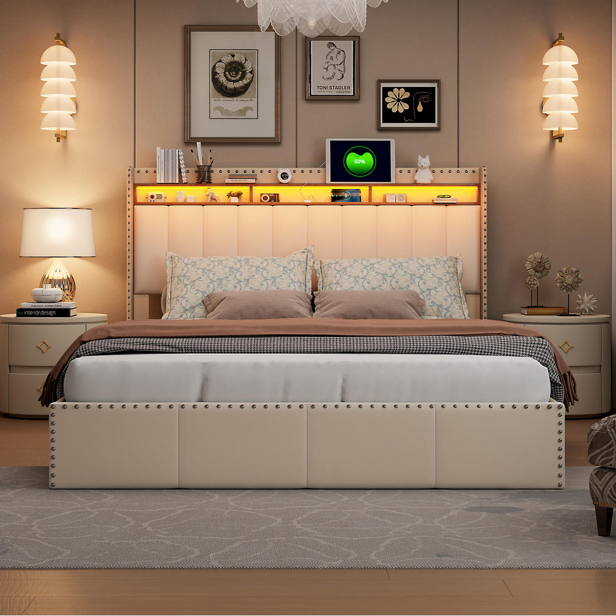POLSTERBETT 140x200 cm in Beige mit Bettkasten & LED, Samt - Beige, Holz/Metall (140/200cm) - PARAFTA HOME