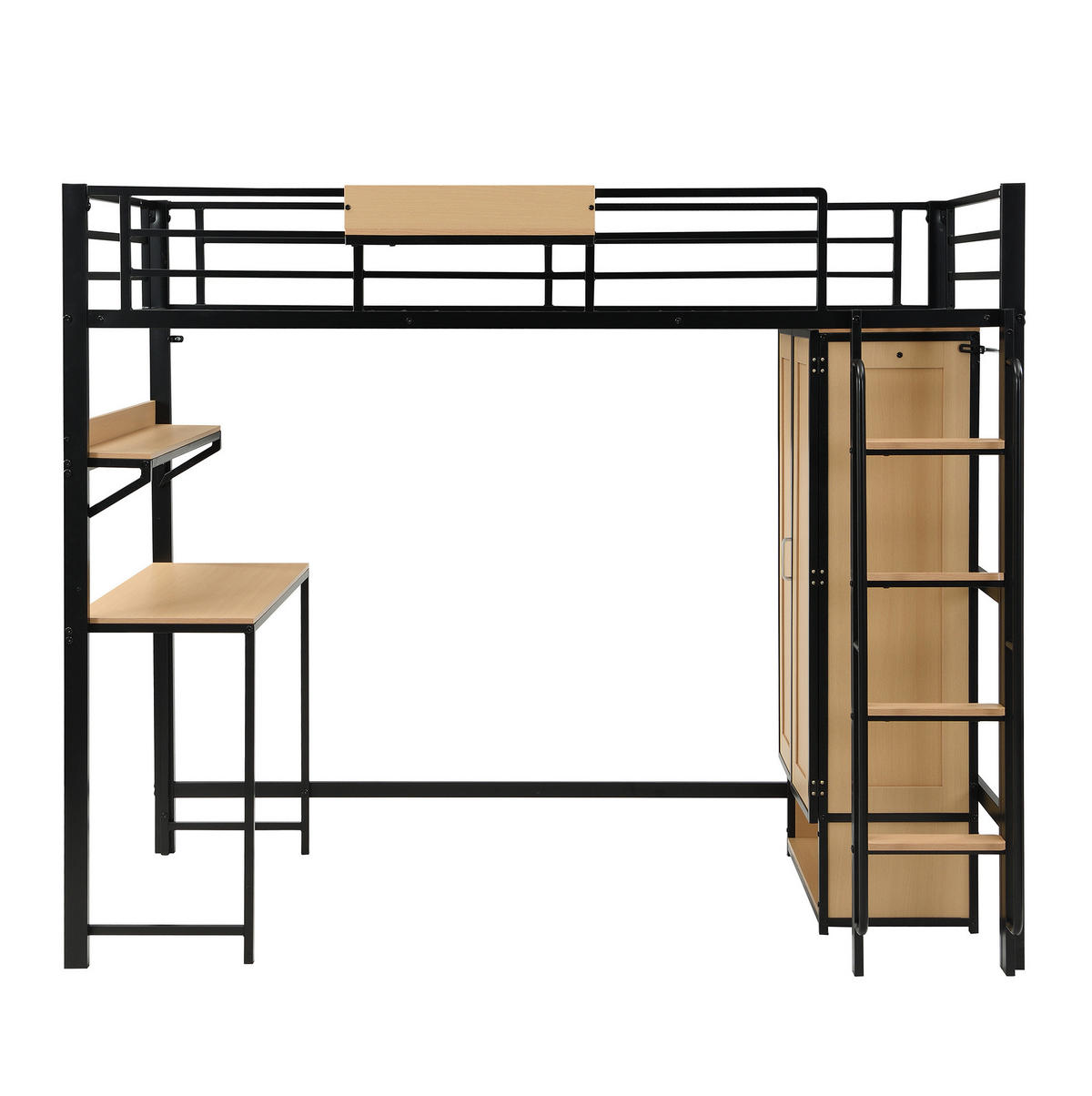 HOCHBETT 90/200 cm mit Kleiderschrank, Schreibtisch, Regal und Treppe mit Handläufen, Schwarz/Natur - Schwarz, Metall (90/200cm) - Redom