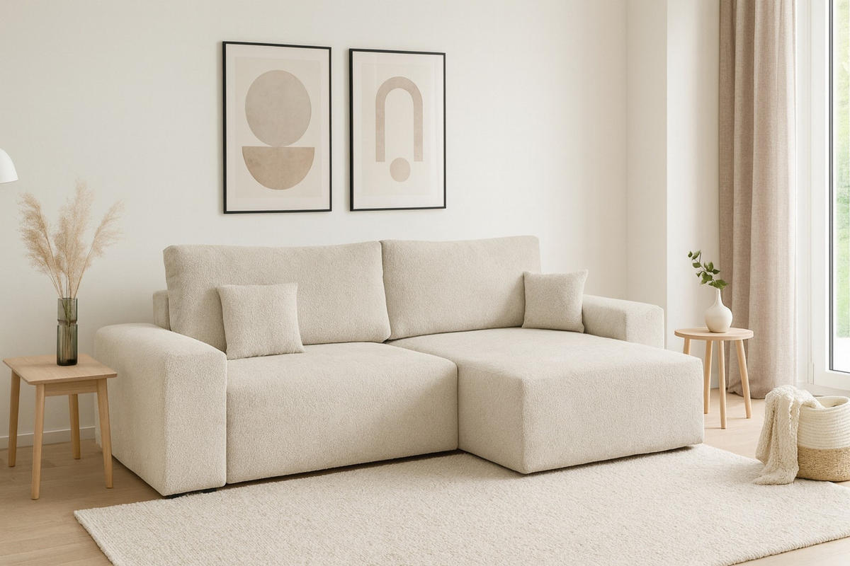 ECKSOFA MILKY 255/148 in Bouclé Creme rechts - Creme, Holz/Holzwerkstoff (255/148cm) - Deine Möbel 24
