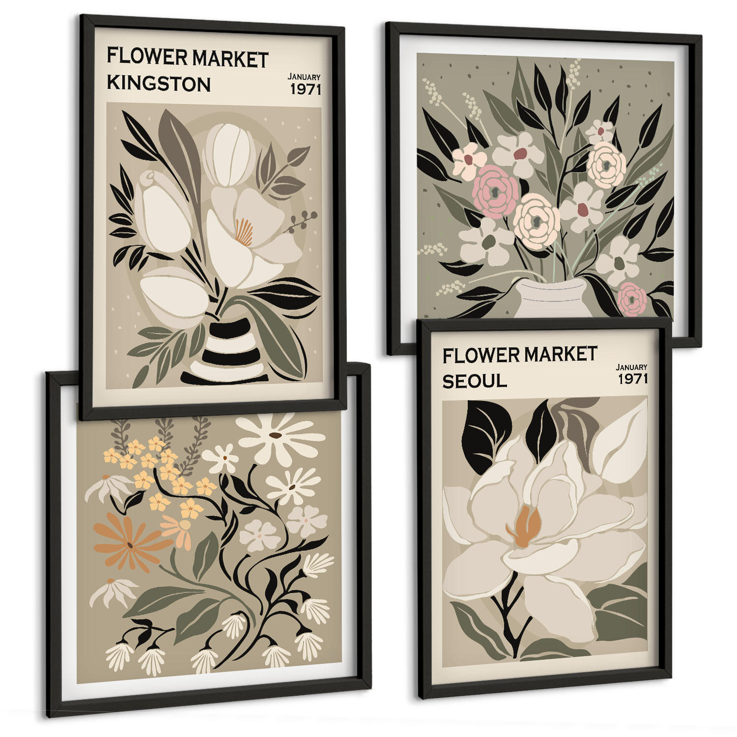 BILDER SET 4er Set - 50x50 cm & 40x60 cm Schwarzer Rahmen - Retro-Blumen aus Städten rund um die Welt - Schwarz, Kunststoff (50/50cm) - TULUP