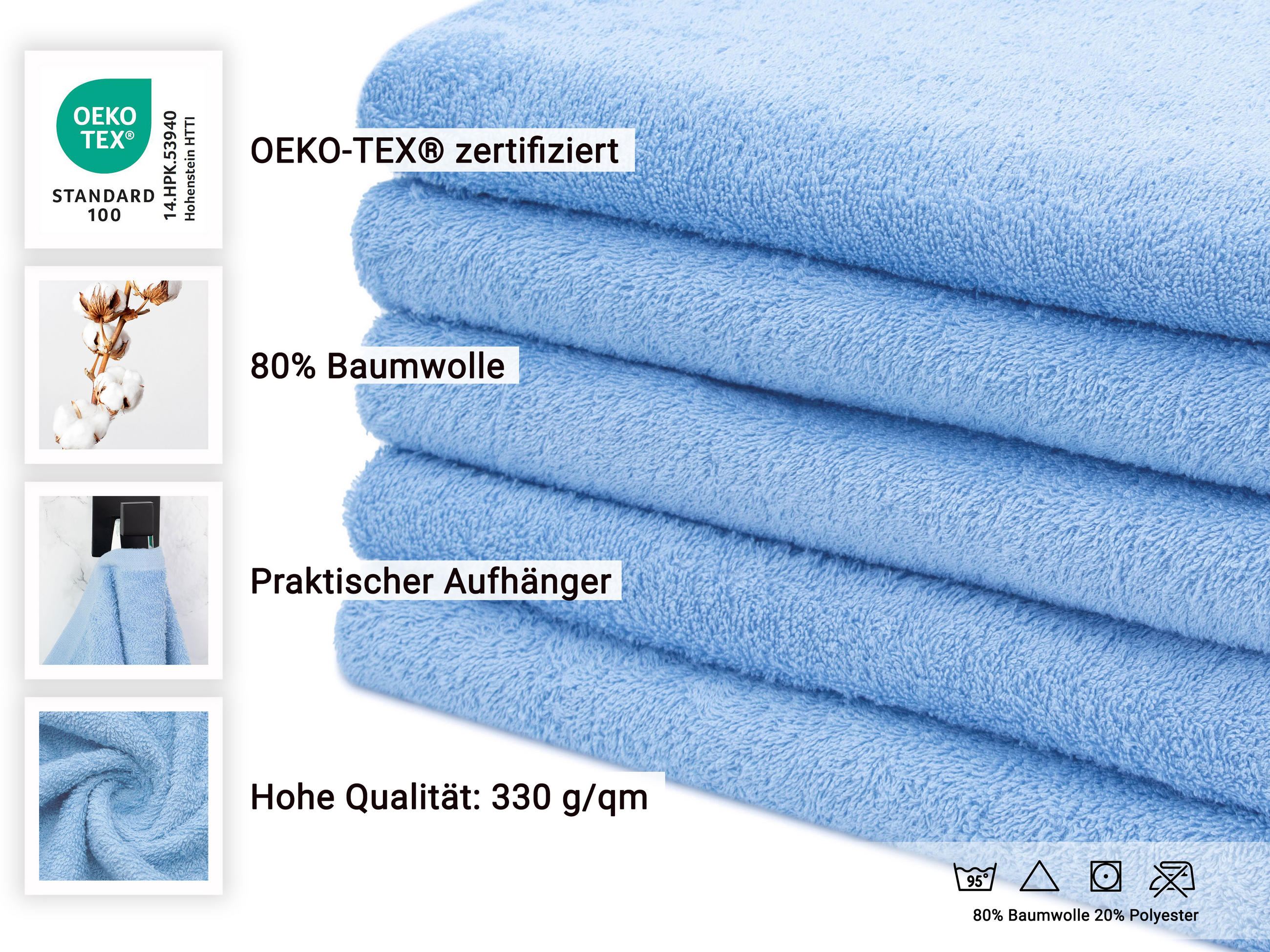 DUSCHTÜCHER, 5er-Set, 70x140 cm, 80% Baumwolle, 20% Polyester, Blau - Hellblau, Naturmaterialien (70/140cm) - Zollner