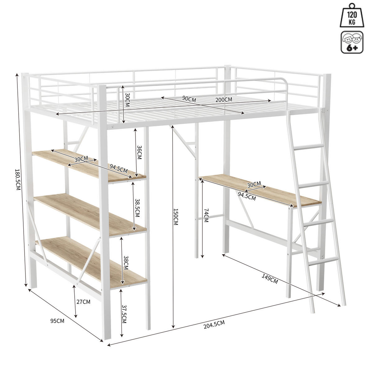 HOCHBETT 90/200 cm mit Schreibtisch und 3 Ablagen, Metall- und MDF-Konstruktion, Sicherheitsgeländer, Weiß - Weiß, Holzwerkstoff (90/200cm) - Redom