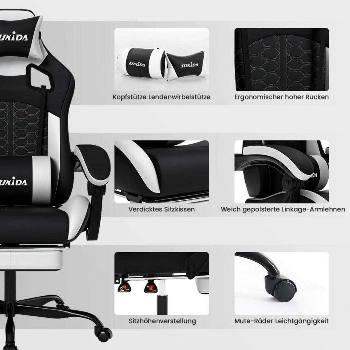 ERGONOMISCHER Gaming Stuhl mit Kopfstütze und Lendenwirbelstütze, mix - Multicolor, Textil (57/45/52cm)