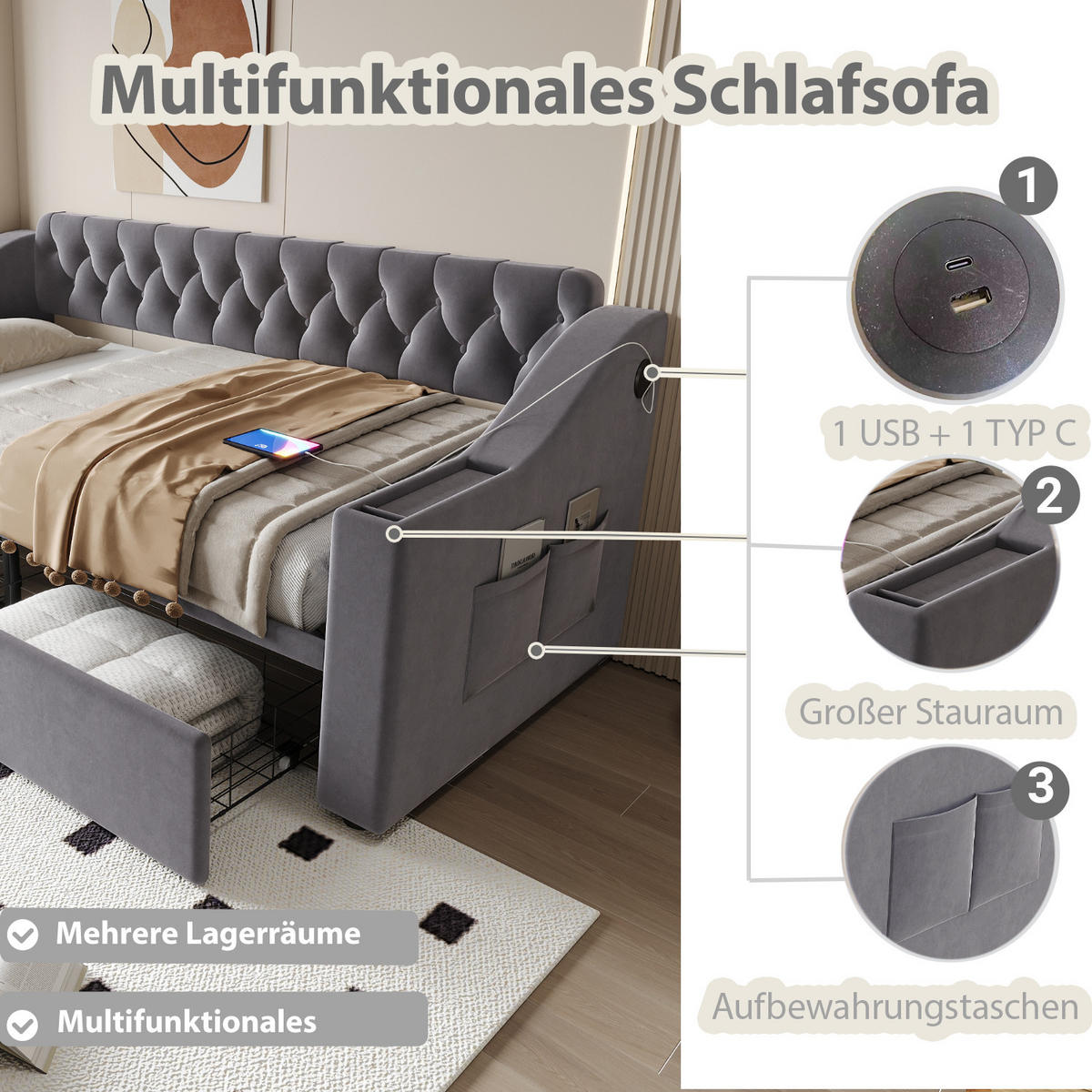 SCHLAFSOFA aus Samt 90x190 cm Grau mit Schubladen, Stauraum und Ladeanschlüssen - Grau, Textil (90/190cm) - IVMEU