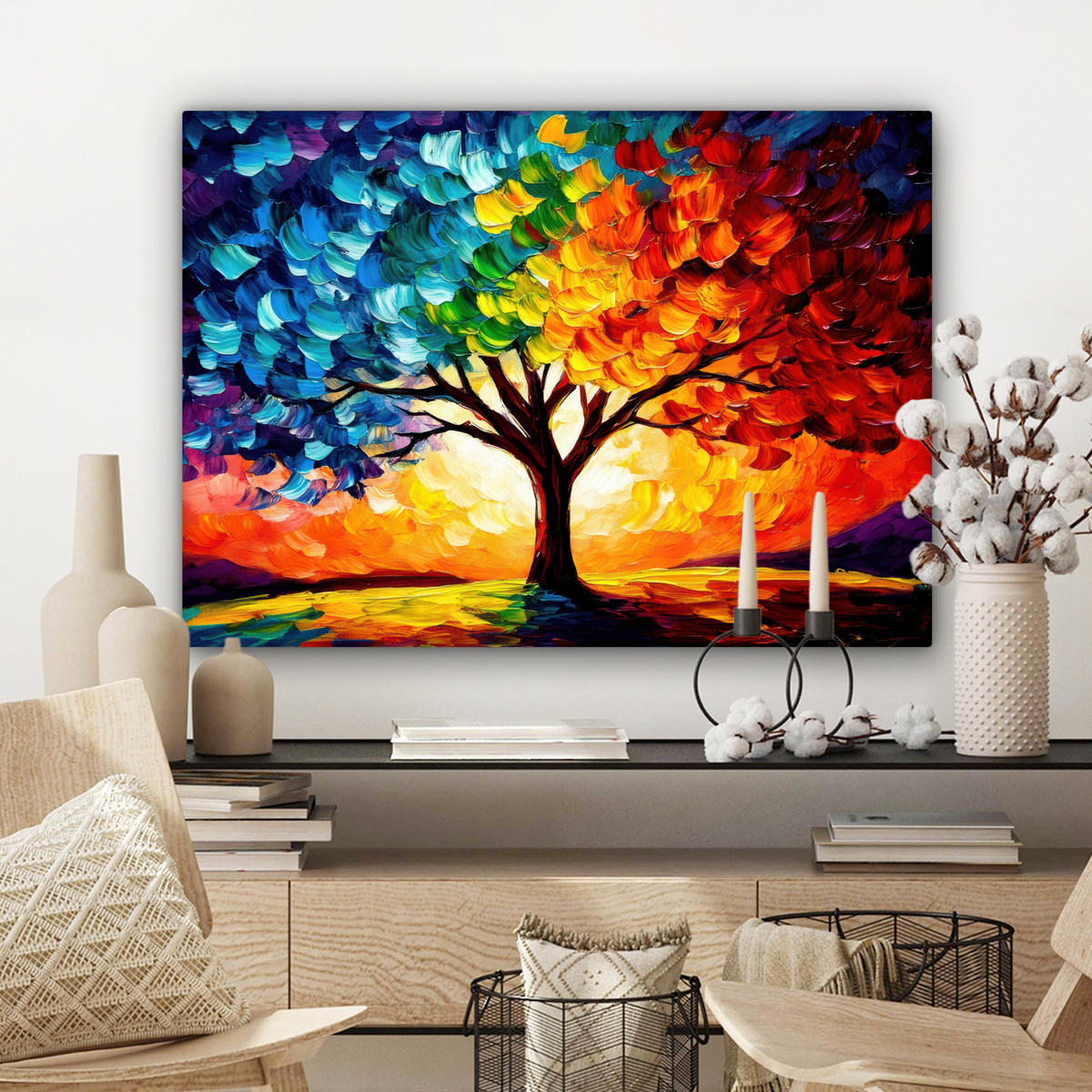LEINWANDBILD - Baum - Kunst - Natur - Sonnenuntergang - 80x60 - Malerei - Multicolor, Textil (80/60cm) - MuchoWow