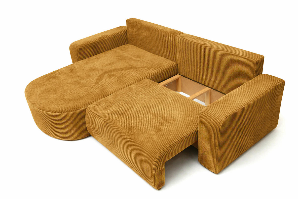 ECKSOFA Mit Schlaffunktion, Cordstoff Poso, Senffarbe, Links, ROUND ONE - Gelb, Holz (244/175cm) - Kaiser Möbel