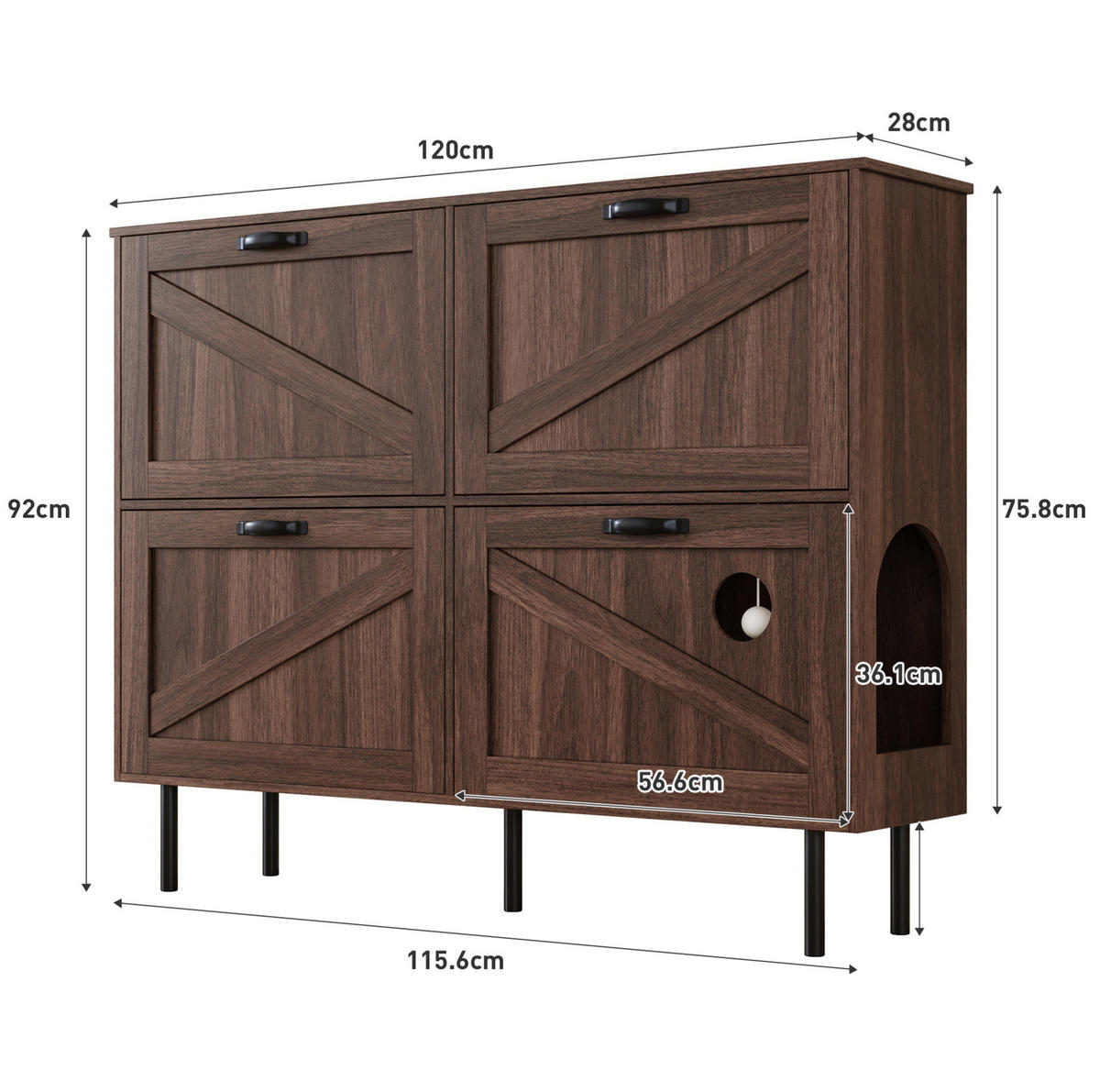 SCHUHSCHRANK 120/28/92 cm in Walnussfarben mit 4 Türen und Katzen-Spielmodul - Walnussfarben, Holzwerkstoff (120/92/28cm) - Flora Grace