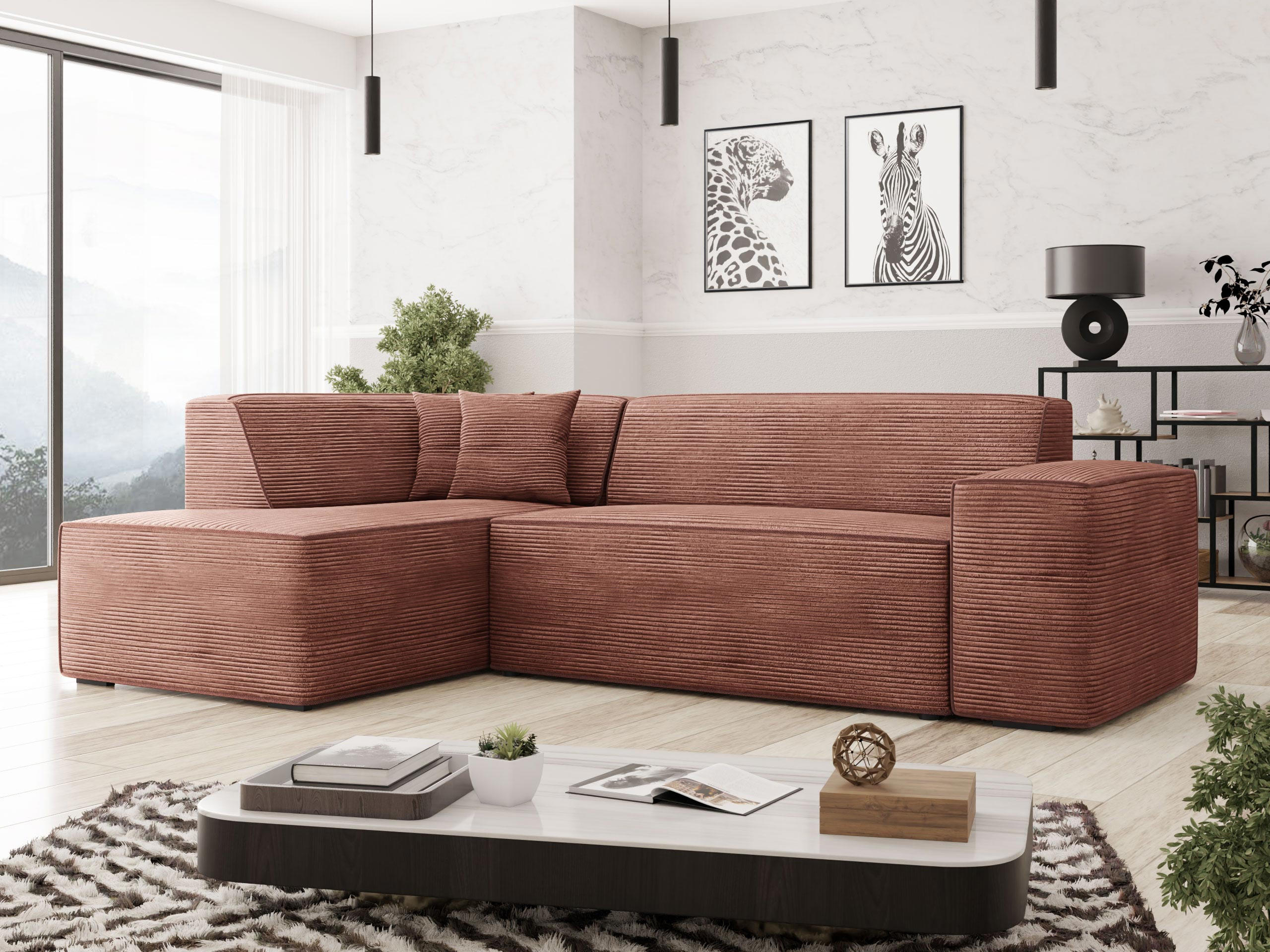 ECKSOFA Lordin Cord, Seite: Links - Schwarz/Rosa, Holz/Textil (267/205cm) - MIRJAN24