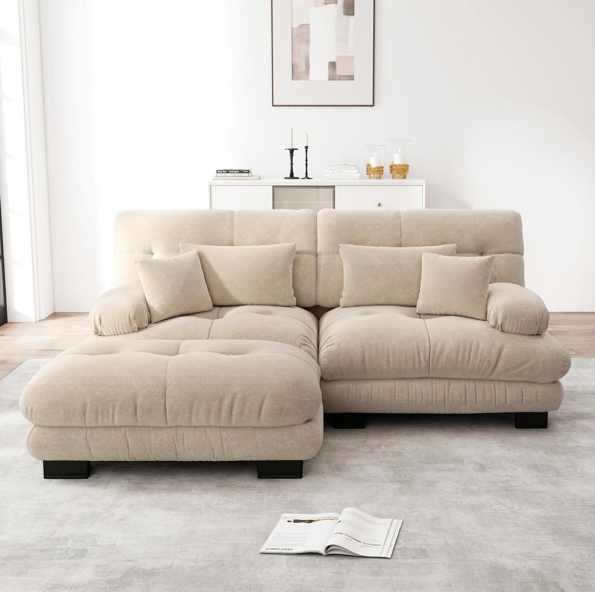 ECKSOFA in Hellkaffee mit Chenillebezug, modular und mit Ottomane - Cappuccino, Textil (145/220cm) - Flora Grace