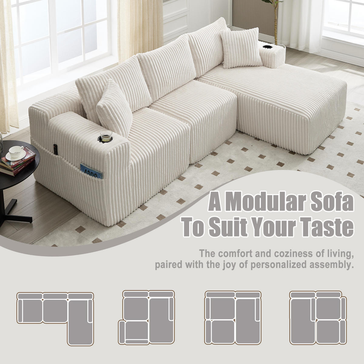 ECKSOFA 257/90/160/62 cm Beige aus Cord mit Chaiselongue - Beige, Textil (160/257cm) - OKMYHOME