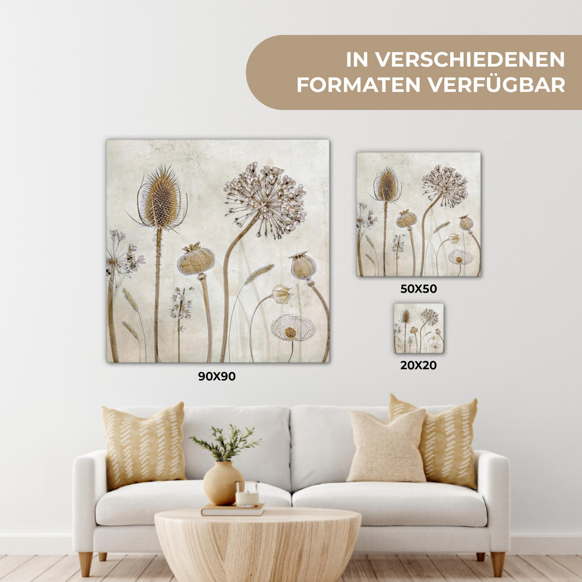 LEINWANDBILD Blumen - Aquarell - Stilleben - Braun - Vintage 90x90 cm - Beige, Textil (90/90cm) - MuchoWow