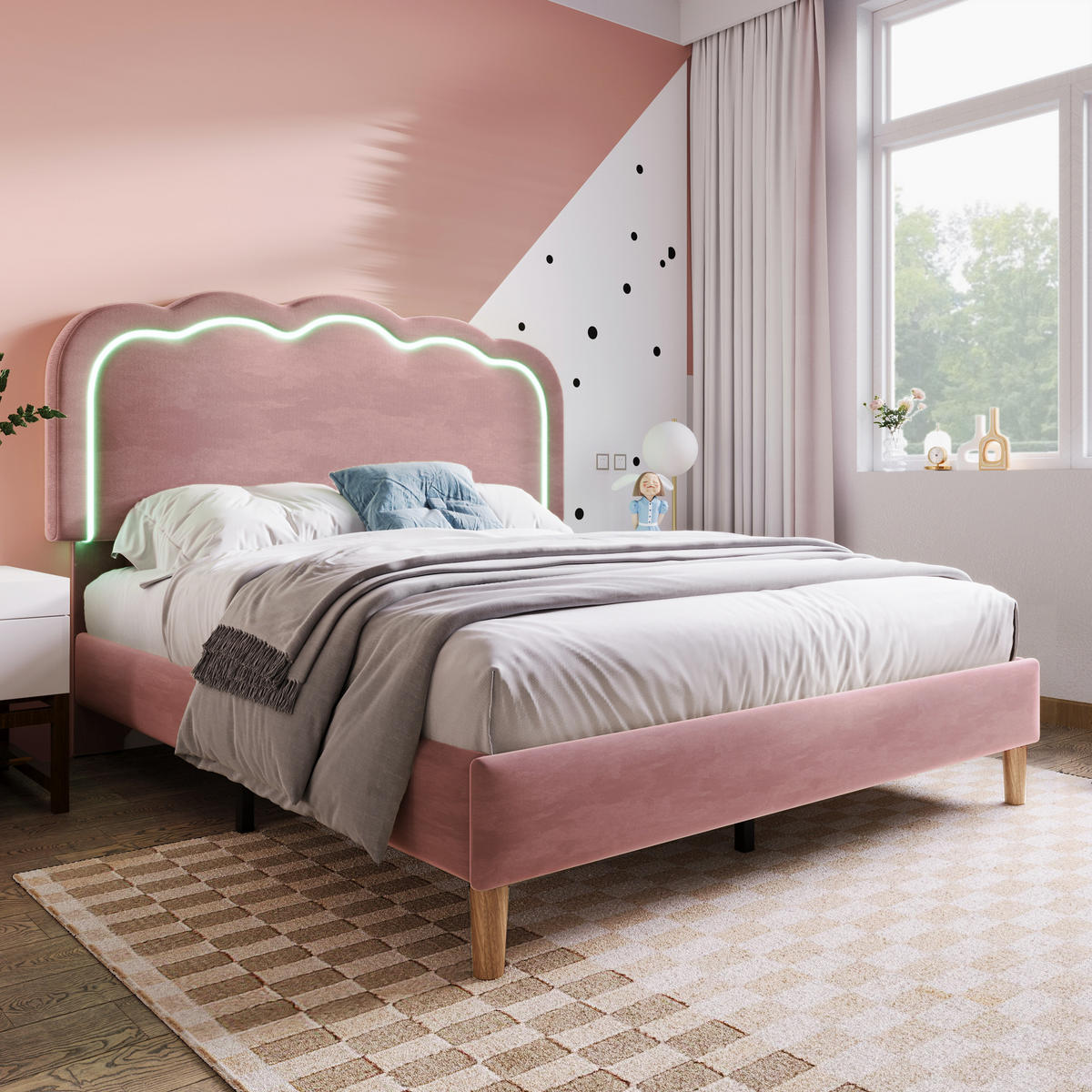 POLSTERBETT 140/200 cm in Rosa Samt mit LED und verstellbarem Kopfteil - Rosa, Holzwerkstoff/Textil (140/200cm) - WISHDOR