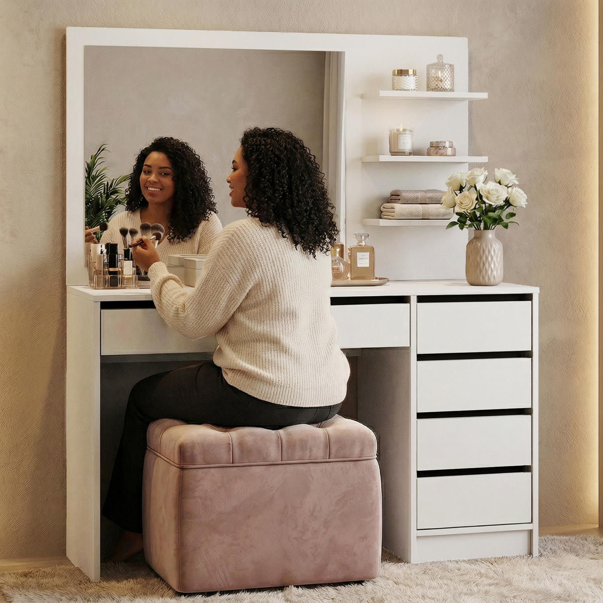 SCHMINKTISCH Malta mit 5 Schubladen, mit Spiegel, grifflos, Weiß - Weiß, Holzwerkstoff (120/145.5/57cm) - Beautysofa