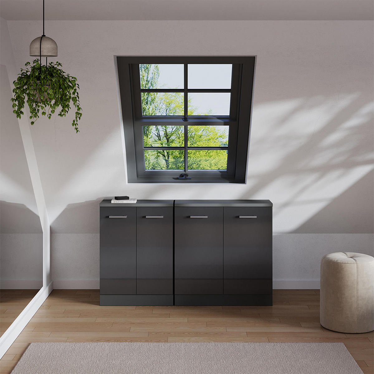 KOMPLET OMAR S POŠEVNO STREHO Rion Antracit z visokim sijajem 140 cm Komplet 2 korpusov omare globina 60 cm - črna/visok sijaj, leseni material (140/83.8/60cm) - Vicco