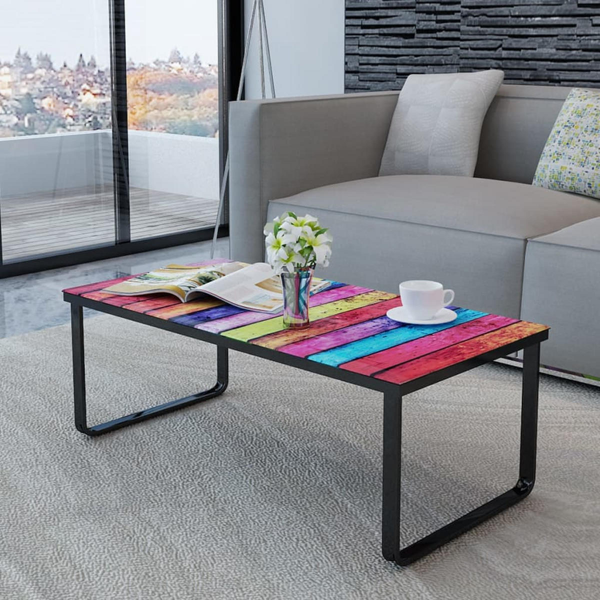 COUCHTISCH 90/45/32 cm aus Hartglas, Eisen mit Regenbogen-Aufdruck - Multicolor, Glas (45/90/32cm) - vidaXL