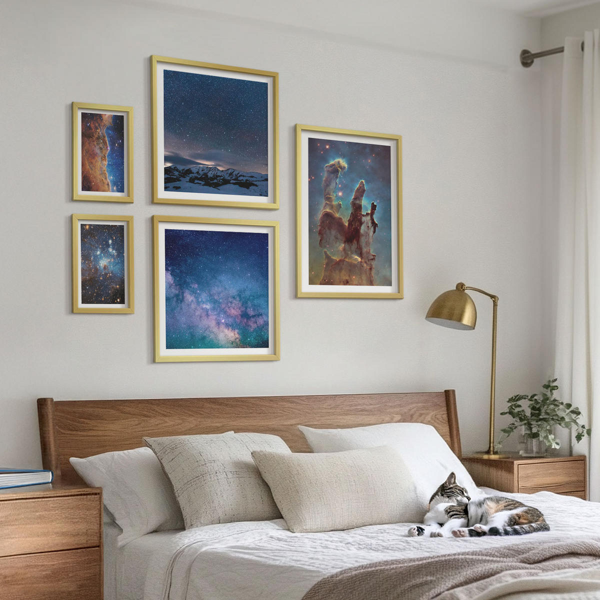 BILDER SET 5er Set - 50x50 cm & 20x30 cm & 40x60 cm Goldrahmen - Weltraumlandschaften von Galaxien - Goldfarben, Kunststoff (40/60cm) - TULUP