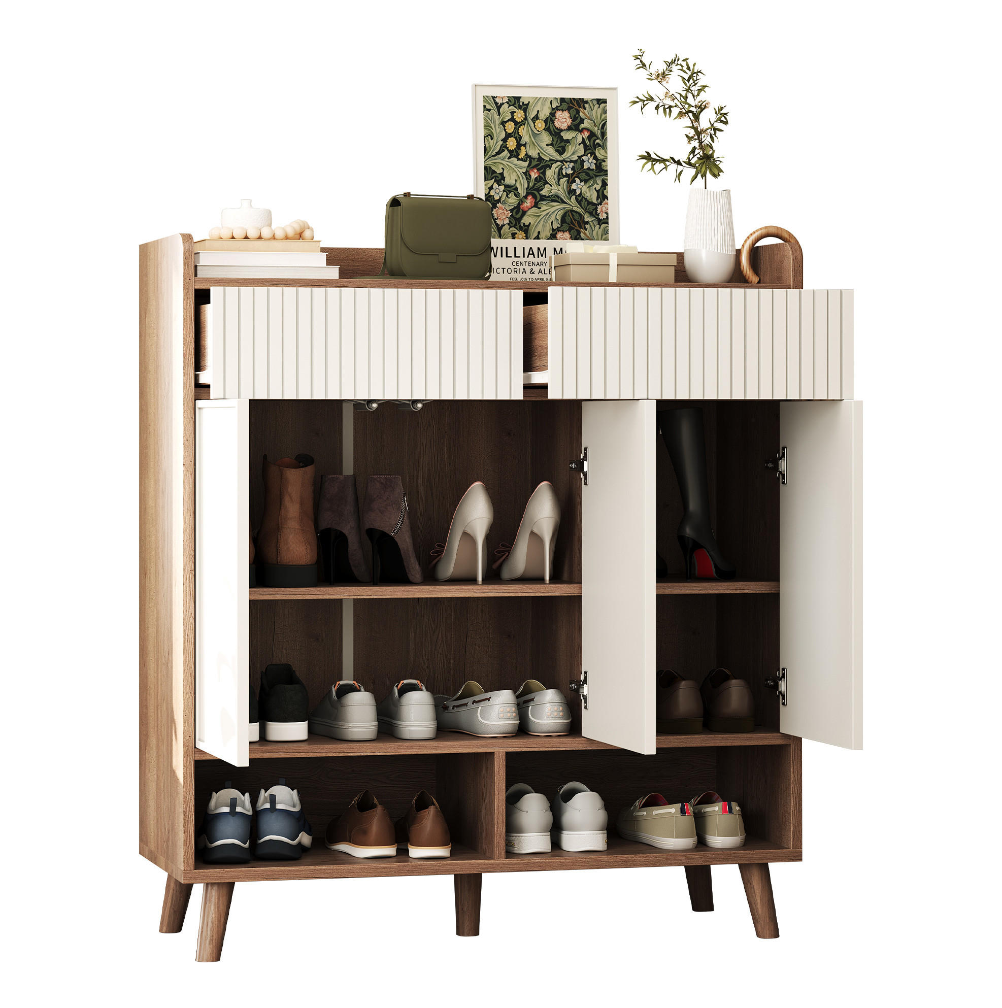 SCHUHSCHRANK 90/35/100 cm in Weiß/Natur mit 3 Türen, 2 Schubladen und Holzbeinen - Weiß, Holzwerkstoff (90/100/35cm) - Flora Grace