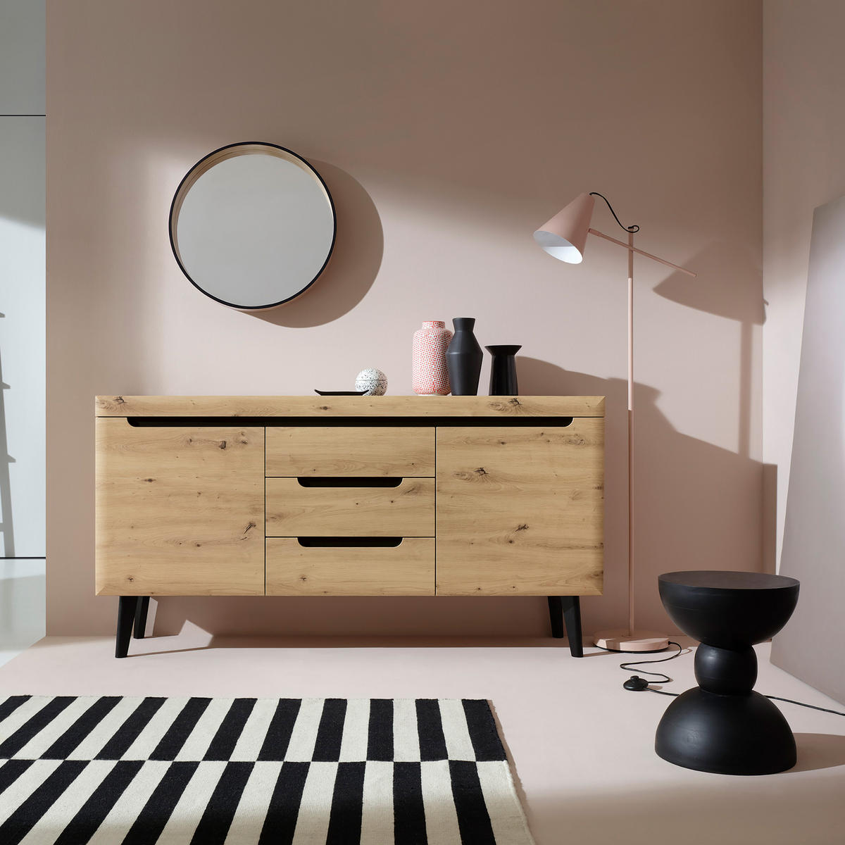 SIDEBOARD NORDICO 160/83/40 cm mit 3 Schubladen 2 Türen Eiche Artisan - Eiche Artisan, Holzwerkstoff (160/83/40cm) - MASSENO